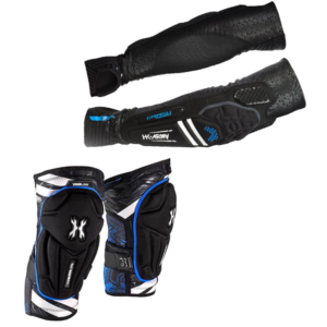 Marker Eclipse Etha Emek 100 Media 1 Display of HK Army blue crash elbow pads and set of knee pads