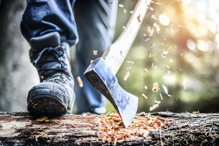 Man Holding Heavy Ax. Axe In Strong Lumberjack Hands Chopping Wood Trunks